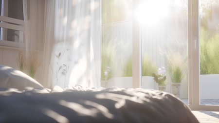 Sunlight through the window in a bedroom. 3d render.の素材