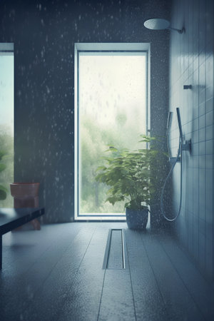 Interior of a modern bathroom with a shower and a panoramic windowの素材