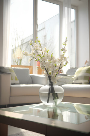 Vase with blooming branches on glass table in living room interiorの素材