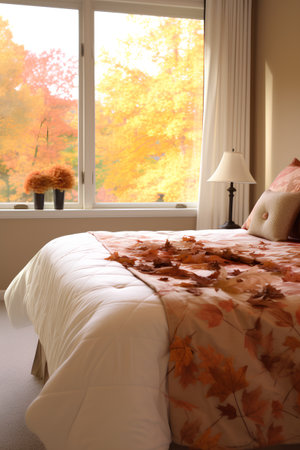 Luxury bedroom in autumn colors with maple leaves on the bedの素材