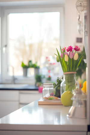 Bouquet of tulips in glass jar on the kitchen tableの素材