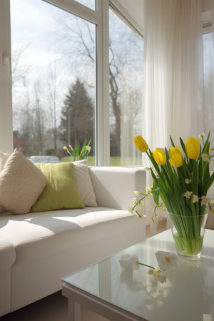 Modern living room interior with a sofa and a bouquet of yellow tulipsの素材