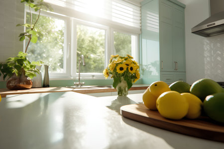 Kitchen interior with a bouquet of sunflowers and lemonsの素材