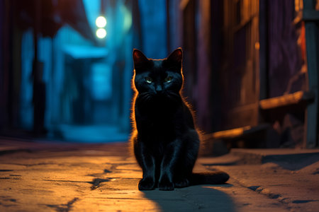 Black cat sitting on the street in the old city at night.の素材