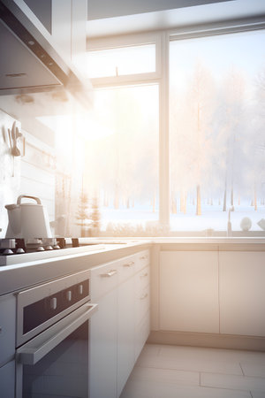 3d Illustration of white modern kitchen in a house with a beautiful designの素材