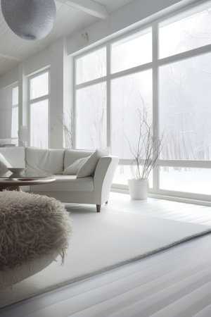 3d Illustration of white living room interior design with a beautiful viewの素材