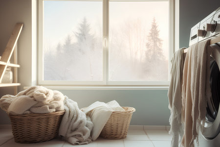 Laundry room interior with washing machine, baskets with towels and window. 3D Renderingの素材