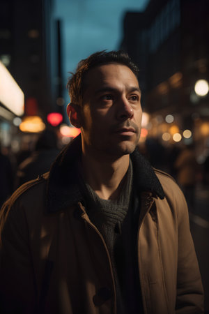 Portrait of a handsome young man in the city at night.の素材