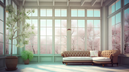 Interior of living room with big window, sofa and flowers. 3d renderの素材
