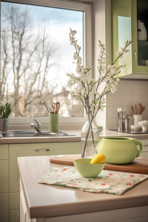 Bouquet of cherry blossoms in a vase on the table in the kitchenの素材
