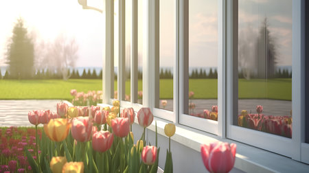 Tulips in the window of a house. 3d renderingの素材