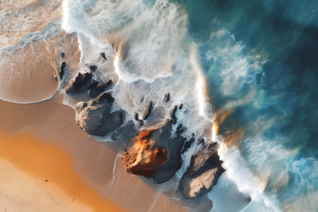 Aerial view of the beach at sunset. Aerial view of a beach with waves crashing on the sand.の素材