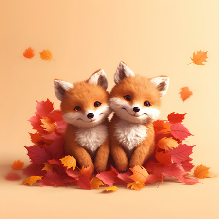 Two foxes in autumn leaves on orange background. 3d illustrationの素材