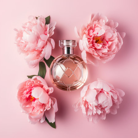Perfume bottle and peony flowers on pink background. Flat lay, top viewの素材