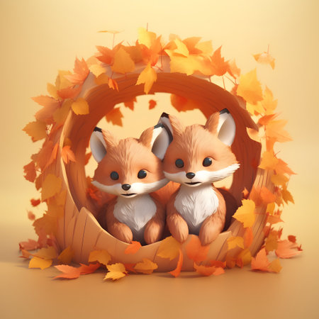 3d render of a group of foxes in a wreath of autumn leavesの素材