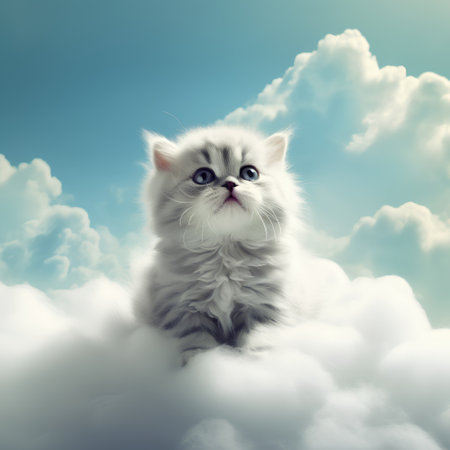 Cute kitten sitting in the clouds on blue sky background with copy spaceの素材