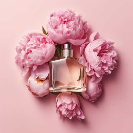 Bottle of perfume with peony flowers on pink background, top viewの素材