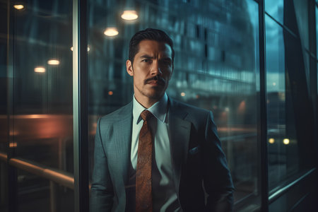 Portrait of a handsome businessman in a suit standing in an office.の素材