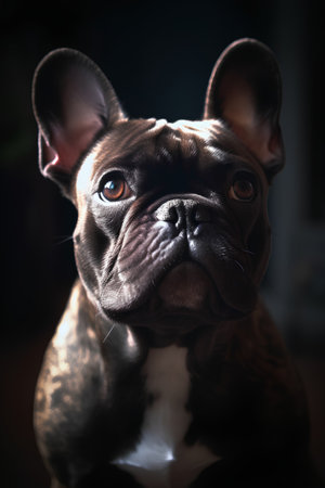 Portrait of a French bulldog looking at the camera on a dark backgroundの素材