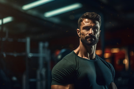 Portrait of handsome bearded man in sportswear standing in gymの素材