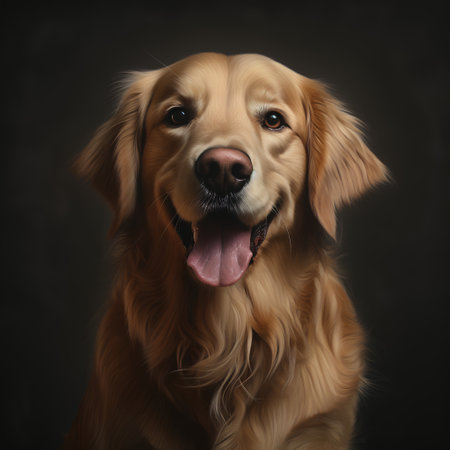 Portrait of golden retriever dog on dark background. Studio shot.の素材