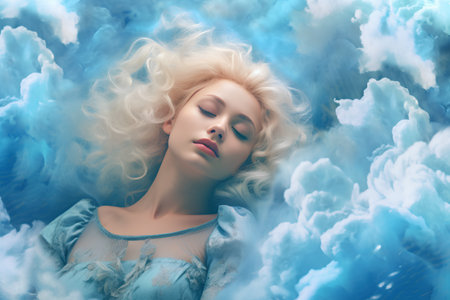 Beautiful blonde girl in a blue dress in the clouds. Beauty, fashion.の素材