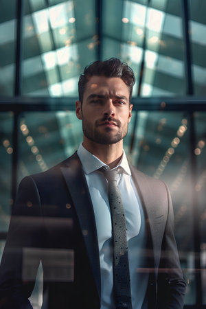 Handsome young businessman in suit is looking away and smiling while standing in officeの素材