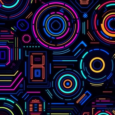 Seamless pattern with colorful neon circles on black background. Vector illustration.の素材