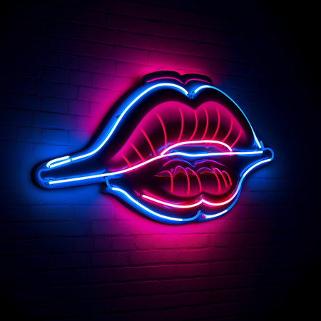 Lips neon sign on the brick wall background. Vector illustration.の素材
