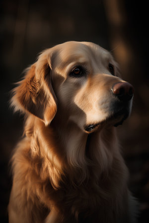 Portrait of a golden retriever dog in the light of the setting sunの素材