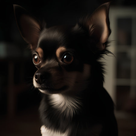 Portrait of a cute chihuahua in front of a dark backgroundの素材