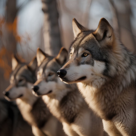 Portrait of a wolf with a group of wolves in the forestの素材