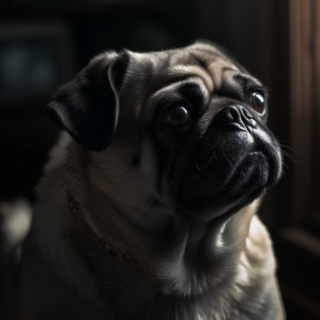Portrait of a pug dog in a dark room. Close-up.の素材