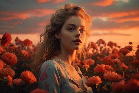 Beautiful girl in a field of red poppies at sunsetの素材