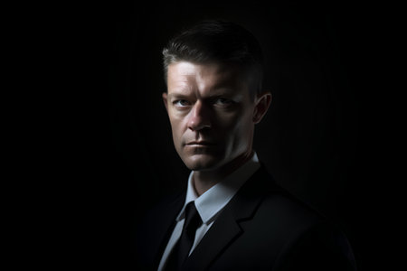 Portrait of a serious man in a black suit on a dark backgroundの素材