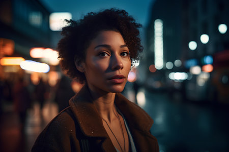 Beautiful young african american woman with afro hairstyle in city at night.の素材