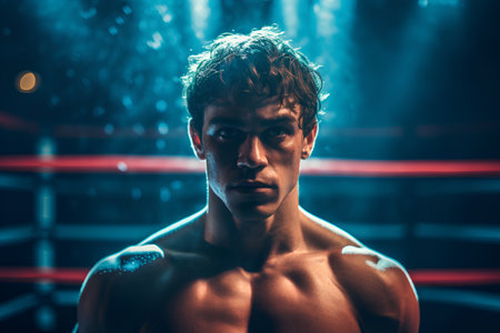 Portrait of a young muscular man in boxing ring. Studio shot.の素材