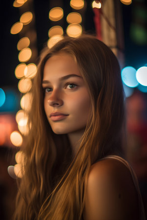Portrait of a beautiful young woman with long brown hair. Blurred lights in the background.の素材