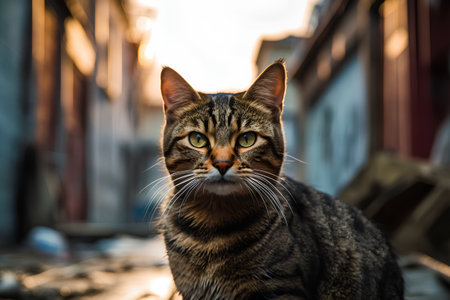 Portrait of a cat in the city at sunset. Selective focus.の素材