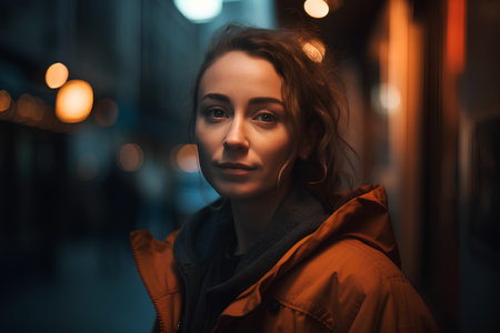Beautiful young woman in the city at night. Portrait.の素材