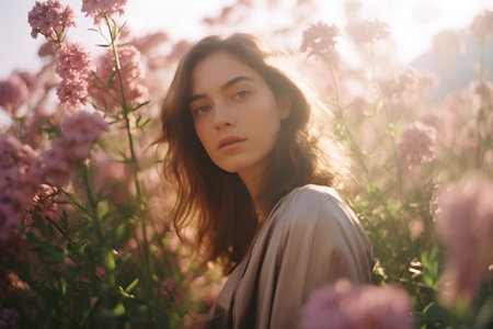 Portrait of a beautiful young woman in a field with pink flowersの素材