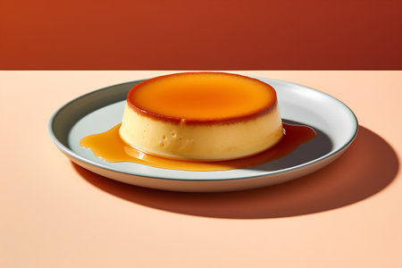 Creme caramel pudding in a plate on orange background. 3d renderingの素材