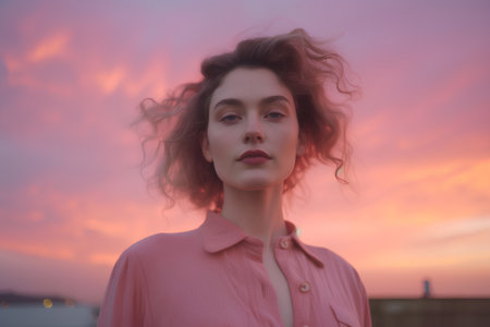 Portrait of a beautiful young woman with curly hair against the sunset skyの素材