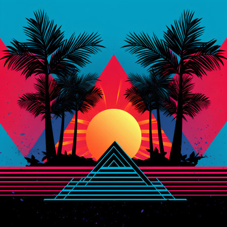 Tropical sunset with palm trees and sun. Vector illustration.の素材