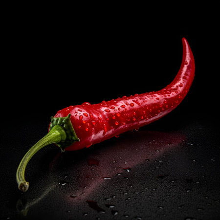 Red hot chili pepper on a black background with drops of water.の素材