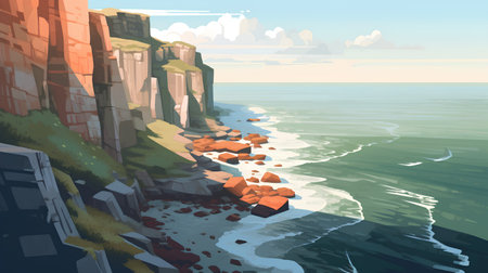 Seascape with cliffs and sea. Vector illustration in cartoon styleの素材