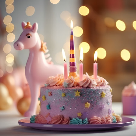 Birthday cake with candles and unicorns on bokeh backgroundの素材