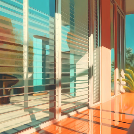 Illustration of balcony with sun light coming through the blinds.の素材