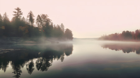 Foggy morning on the lake in the forest. Beautiful autumn landscapeの素材