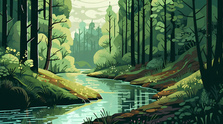 Forest landscape with river and trees. Vector illustration in cartoon style.の素材